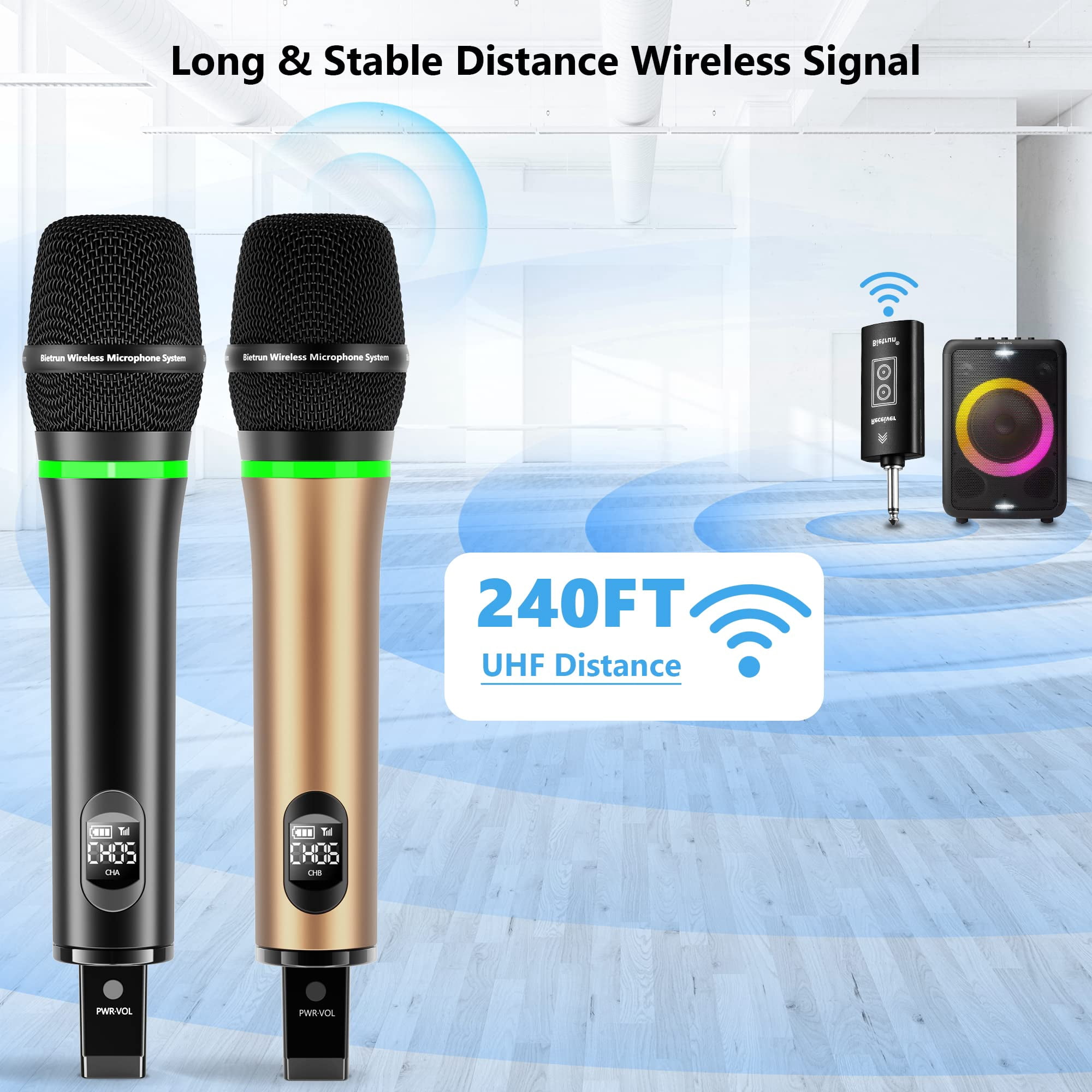 Bietrun Rechargeable Wireless Microphone, Dual Metal Cordless Handheld Dynamic Wireless Mics with 1/4'' Output for Karaoke, Meeting, Singing, Church, Wedding(UHF 240ft Range)(Receiver with Bluetooth)