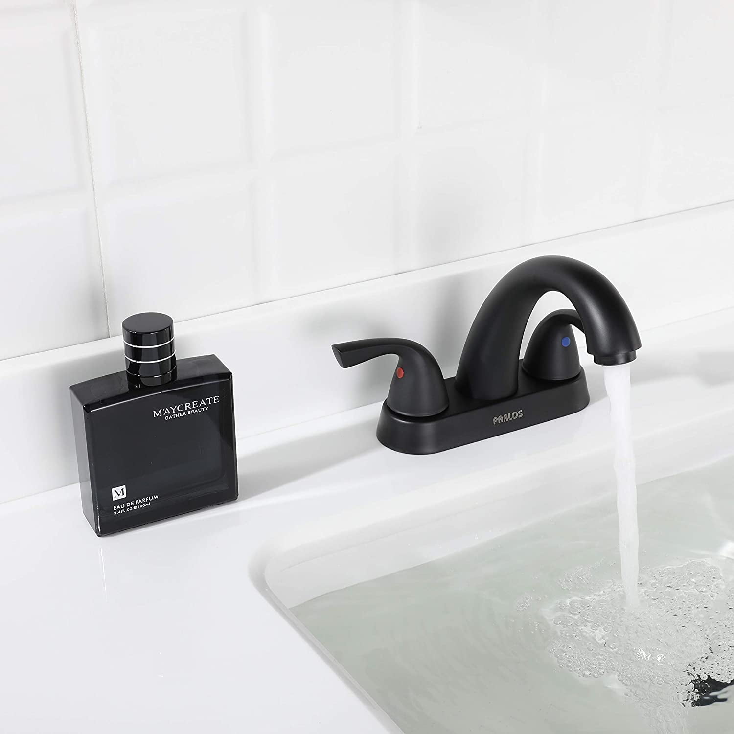 PARLOS Centerset Two-Handle Bathroom Sink Faucet with Metal Drain Assembly and Supply Hose,Matte Black