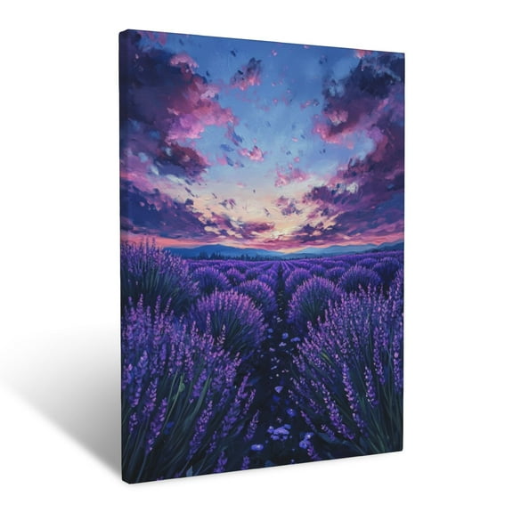 CozyNet Whimsical Lavender Field Scene Under Twilight Sky Filled With Dreamy Floral Details Wall Art Prints With Frame Canvas Perfect for Living Room & Bedroom, Ready to Hang, Wall Decor 12"x16"in
