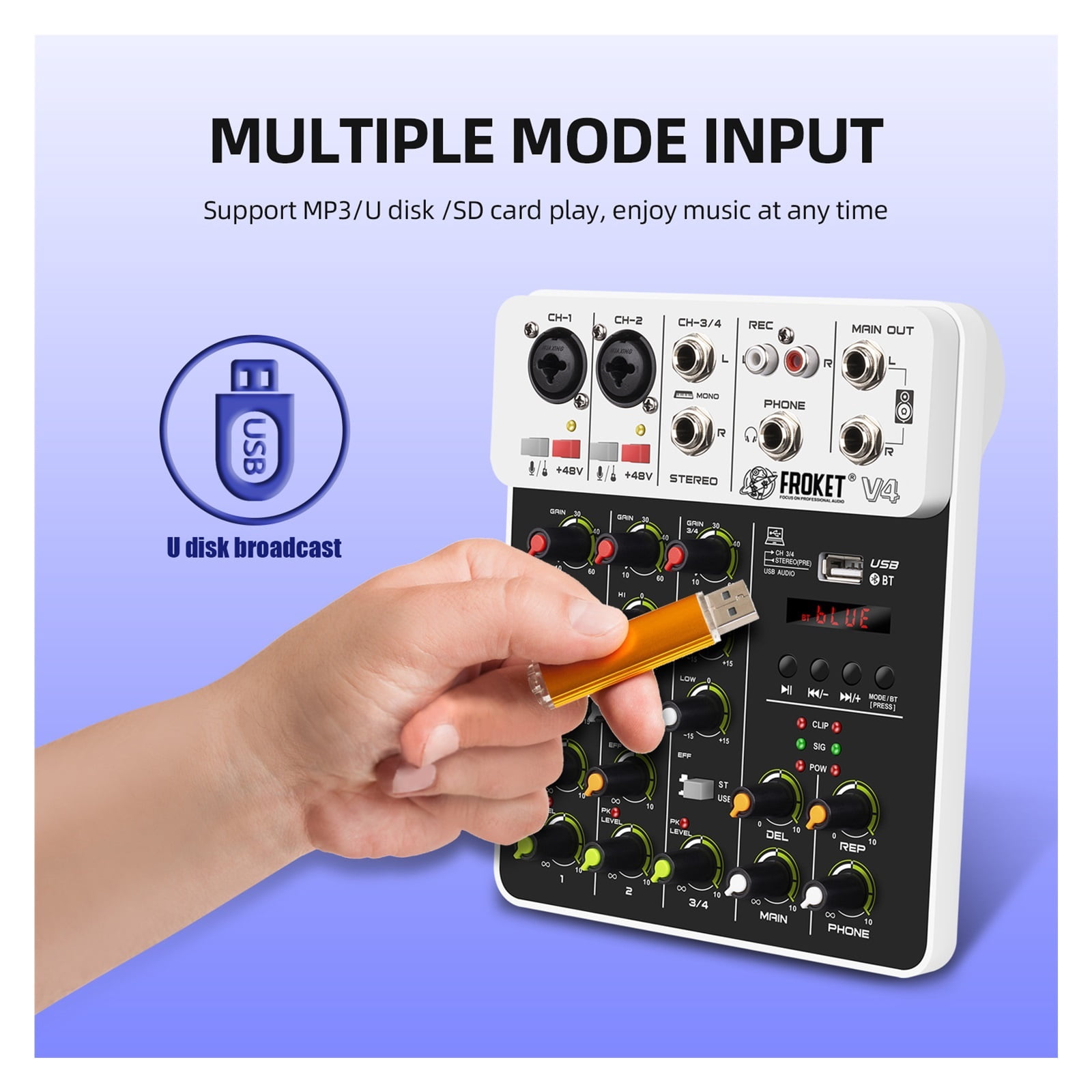 V4 Mixer DJ Controller Mixing Bluetooth Phantom Power Delay Repaeat Effect For Sound Mixing Console PC Recording ,Easy to Operate