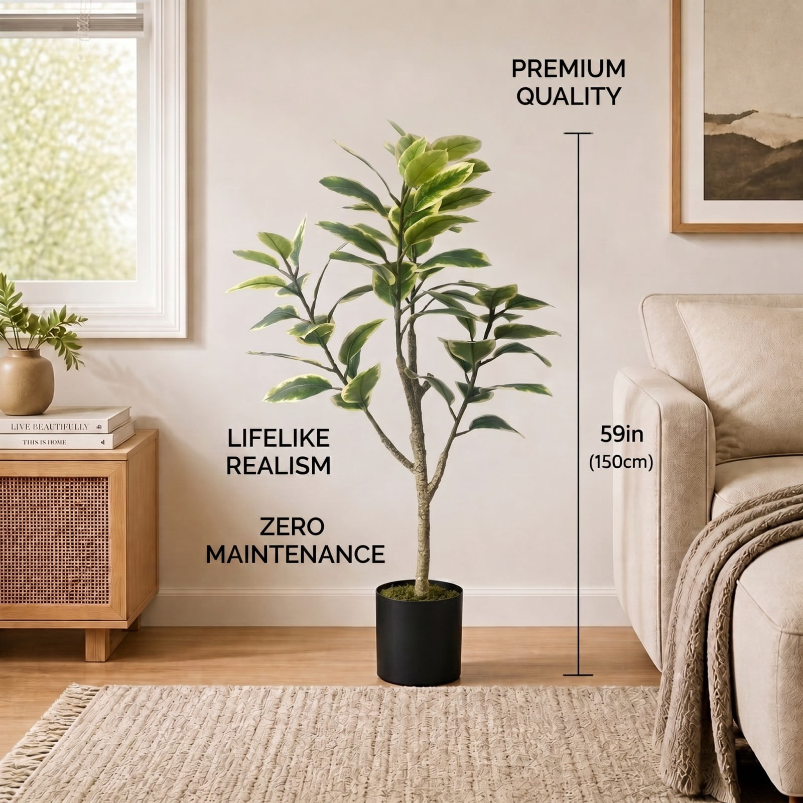 BEAUTYPEAK 4.9FT Artificial Plant Fake Indoor Rubber Tree Decorative Outdoor Greenery in Black Pot