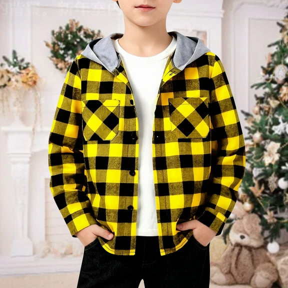 LIJCC Boy's Oversized Shacket Tops Flannel Hoodie Shirts with Hood Casual Button Down Plaid Shirt Classic Cotton Jackets Long Sleeve Stylish Hooded with Pocket