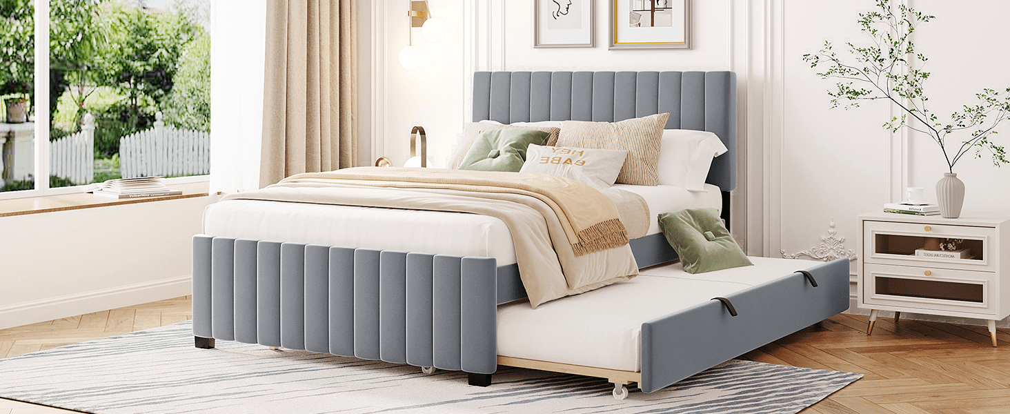 Noble House Full Size Velvet Upholstered Platform Bed with Twin Size Trundle, Gray