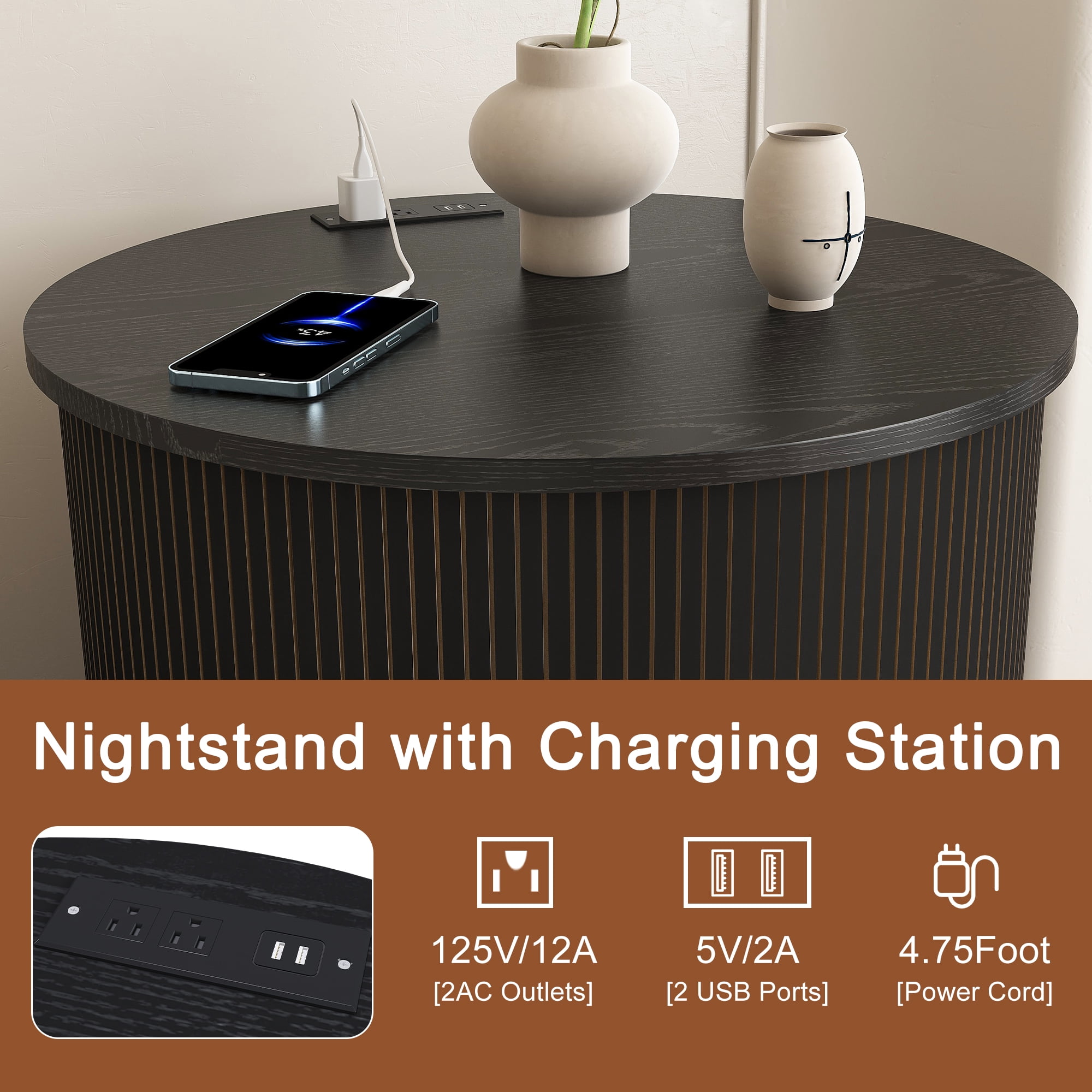 Cylinder End Table with Built-in Charging Station & Sliding Door, 2-Tier Storage Round Nightstand with USB Ports, Bedside Table for Living Room, Bedroom, Entryway