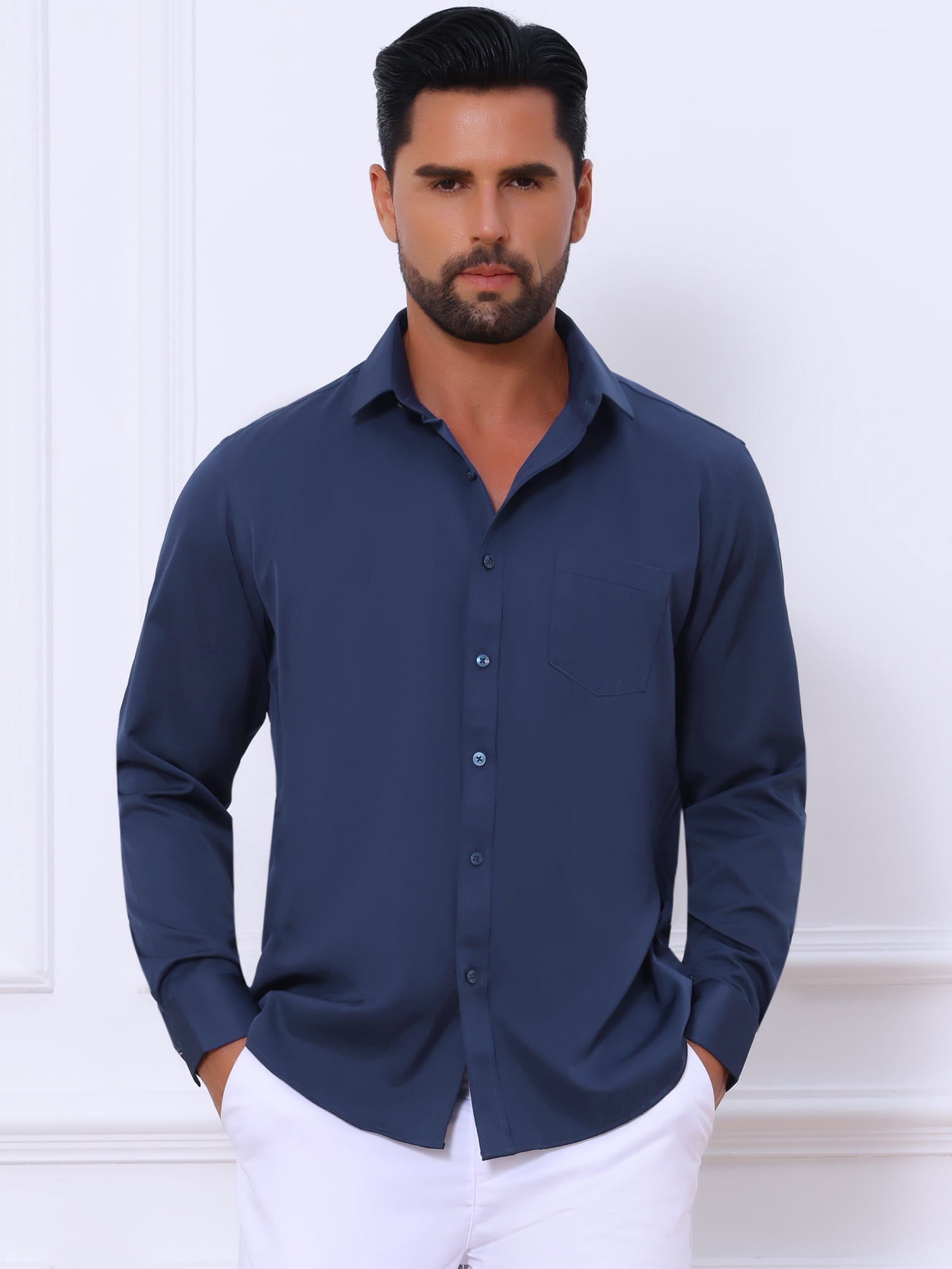 DARING DIVA Men's Point Collar Button Long Sleeve Business Shirts M Dark Blue