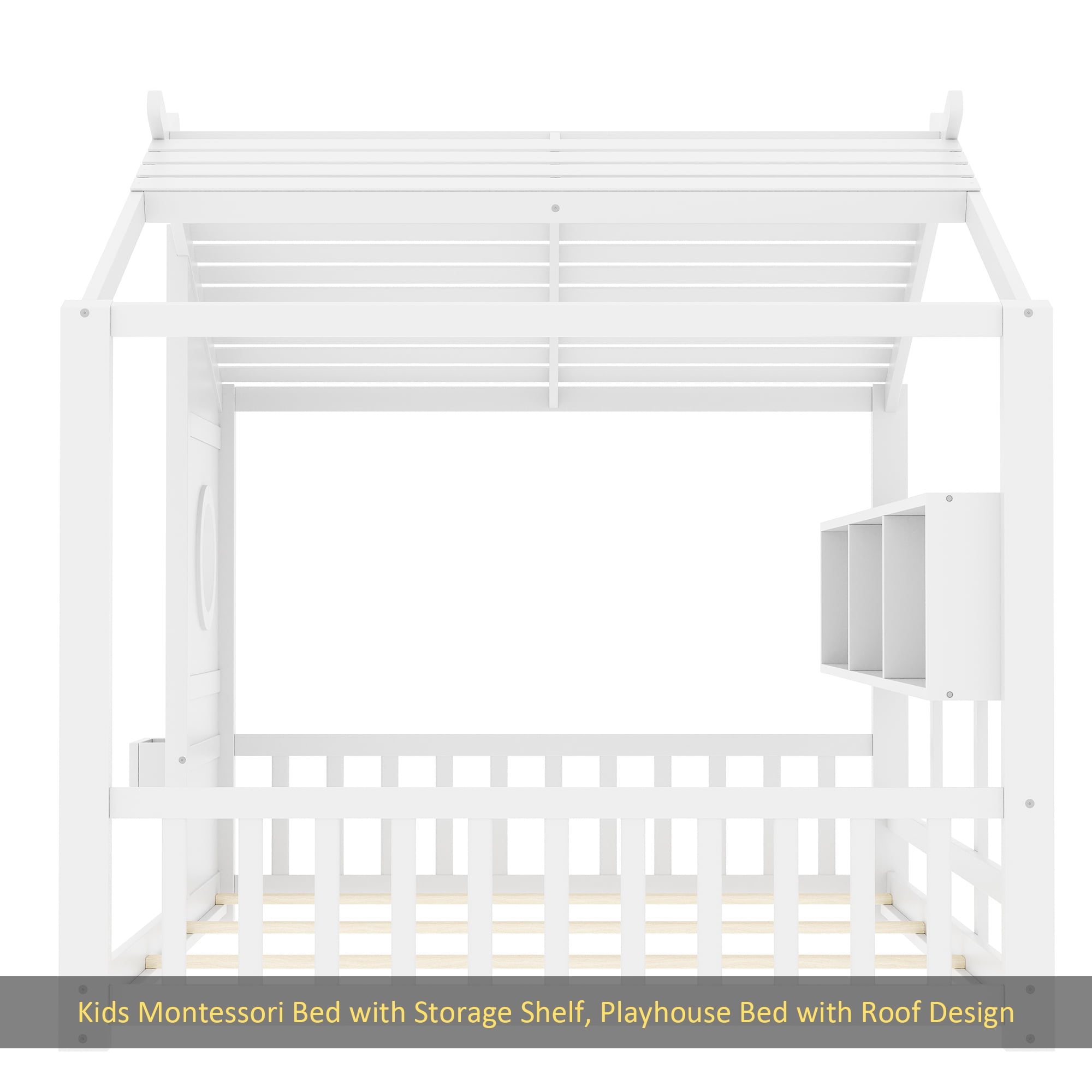 Full Size Floor House Bed for Toddler, Kids Montessori Bed with Storage Shelf, Playhouse Bed with Roof Design, White