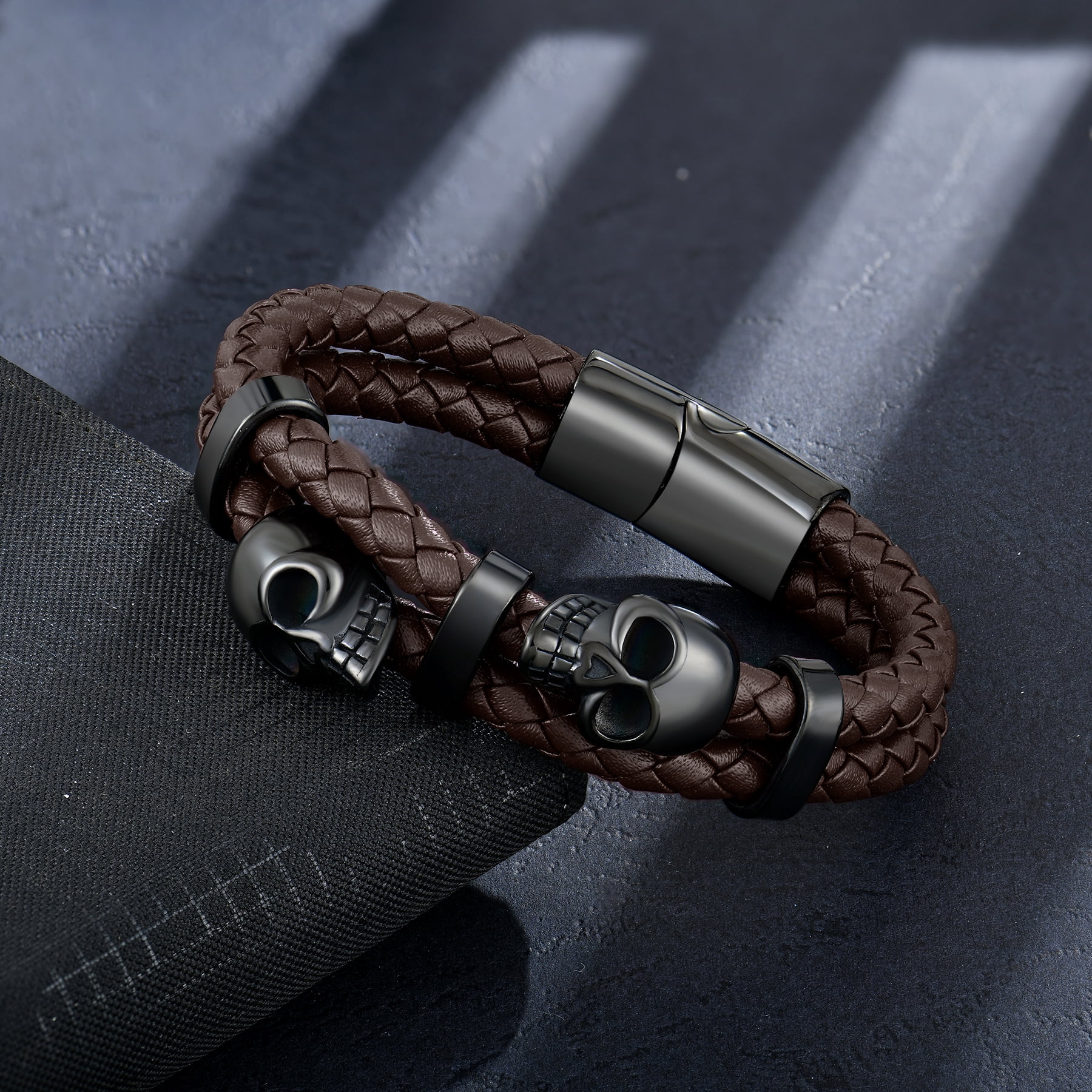 Raymard Mens Skull Double Row Leather Bracelet,Skull Brown Braided Bracelet for Men, Mens Punk Jewelry