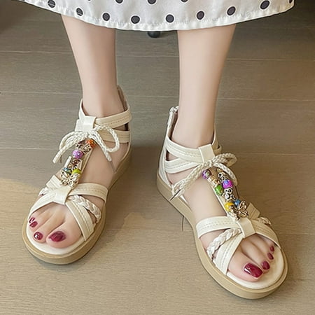 

MIASHUI shoes for women Fashion Spring And Summer Boho Style Women Sandals Beach Beaded Cross Strap Back Zipper Flat
