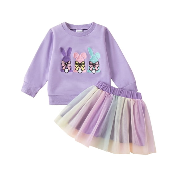 HAYIMI Easter Outfit Sets Girls Outfits Bunny Embroidered Hoodie With Rainbow Skirt Two Piece Toddler Little Kid Holiday Party Dress Easy to Mix Match