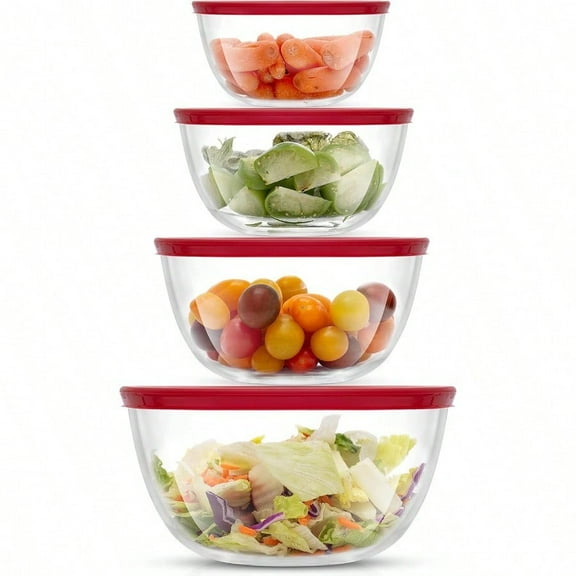 Kitchen Mixing Bowls - 8pc Glass with Lids Set Neat Nesting Large Bowl Batter Cooking Storage and Big Salad BPA-Free Red
