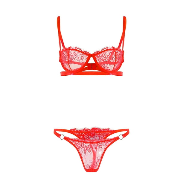 jovati Bra and Panty Set Sexy Ladies Cute Girl Solid Erotic Lingerie Hollow  Out Three-point Bra And Panty Set 