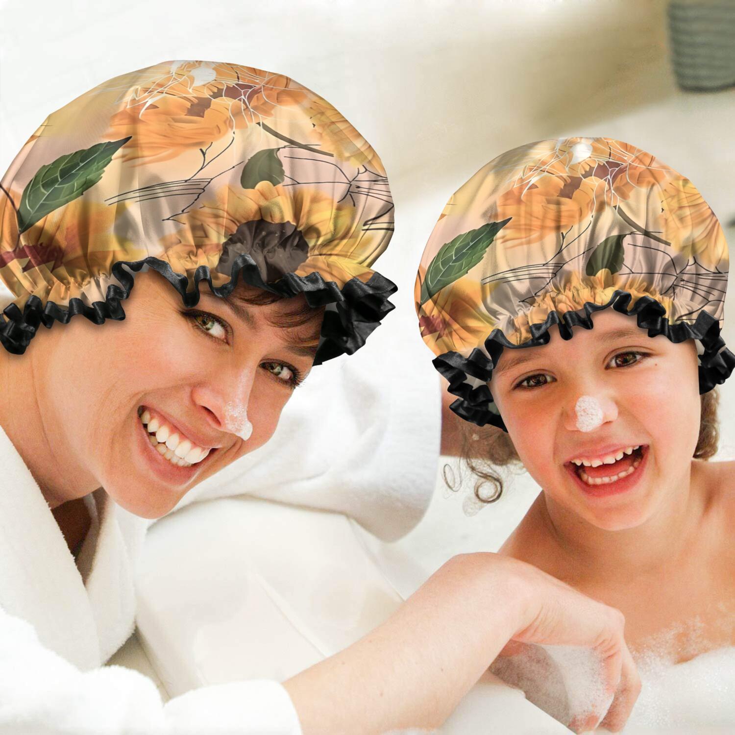 Shower Caps,Yellow Green Leaf Sunflower Pattern Waterproof Shower Cap for Women 4 Pieces,Double Reusable Hair Cover for Shower PEVA Elastic Stretch Hem
