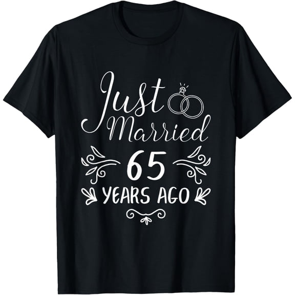 Just Married 65 Years Ago Retro Funny 65th Wedding Anniversary T-Shirt for Men and Women, Cute Couple Marriage Celebration Graphic Tee