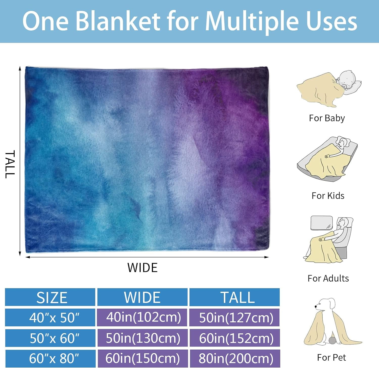 Colorful Blanket, Purple Blue Blanket Super Soft Flannel Fleece