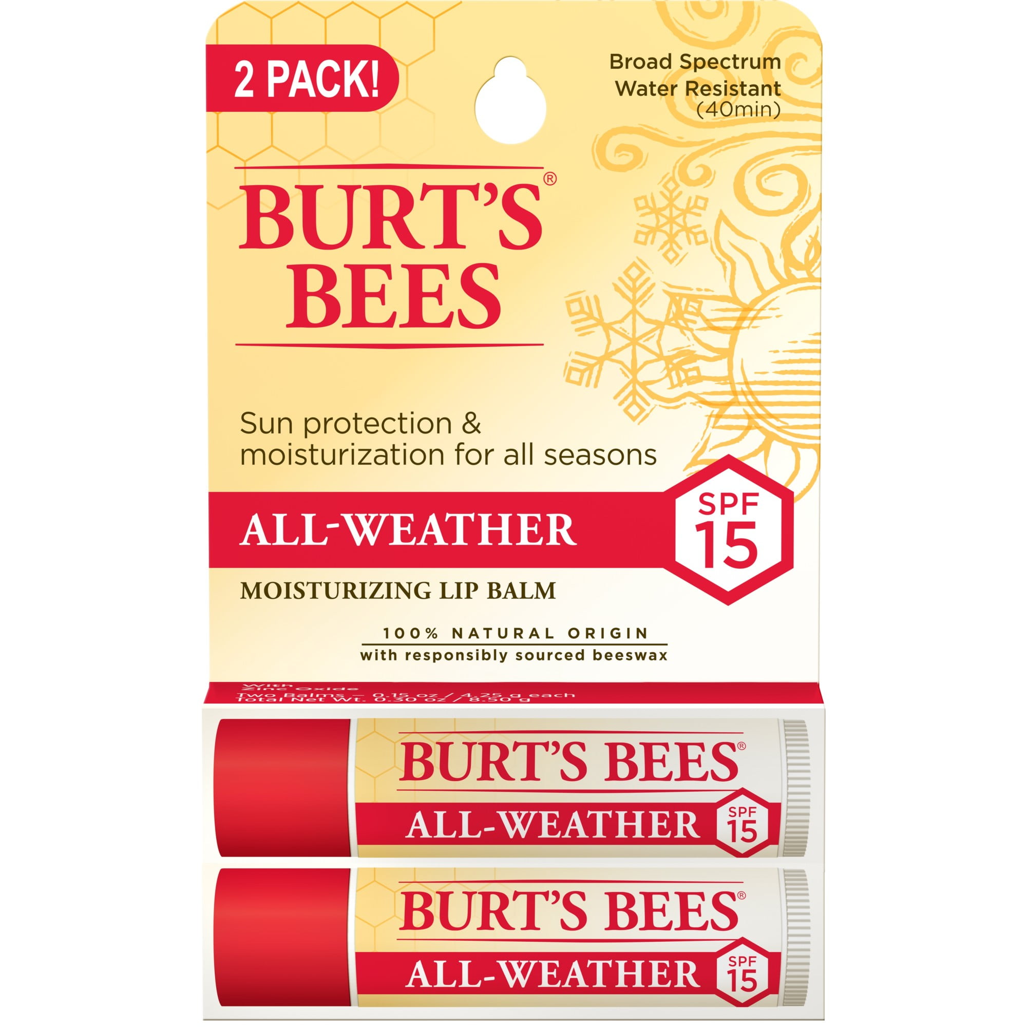 Burt's Bees 100% Natural All-Weather SPF15 Moisturizing Lip Balm, Water Resistant, 2 Tubes