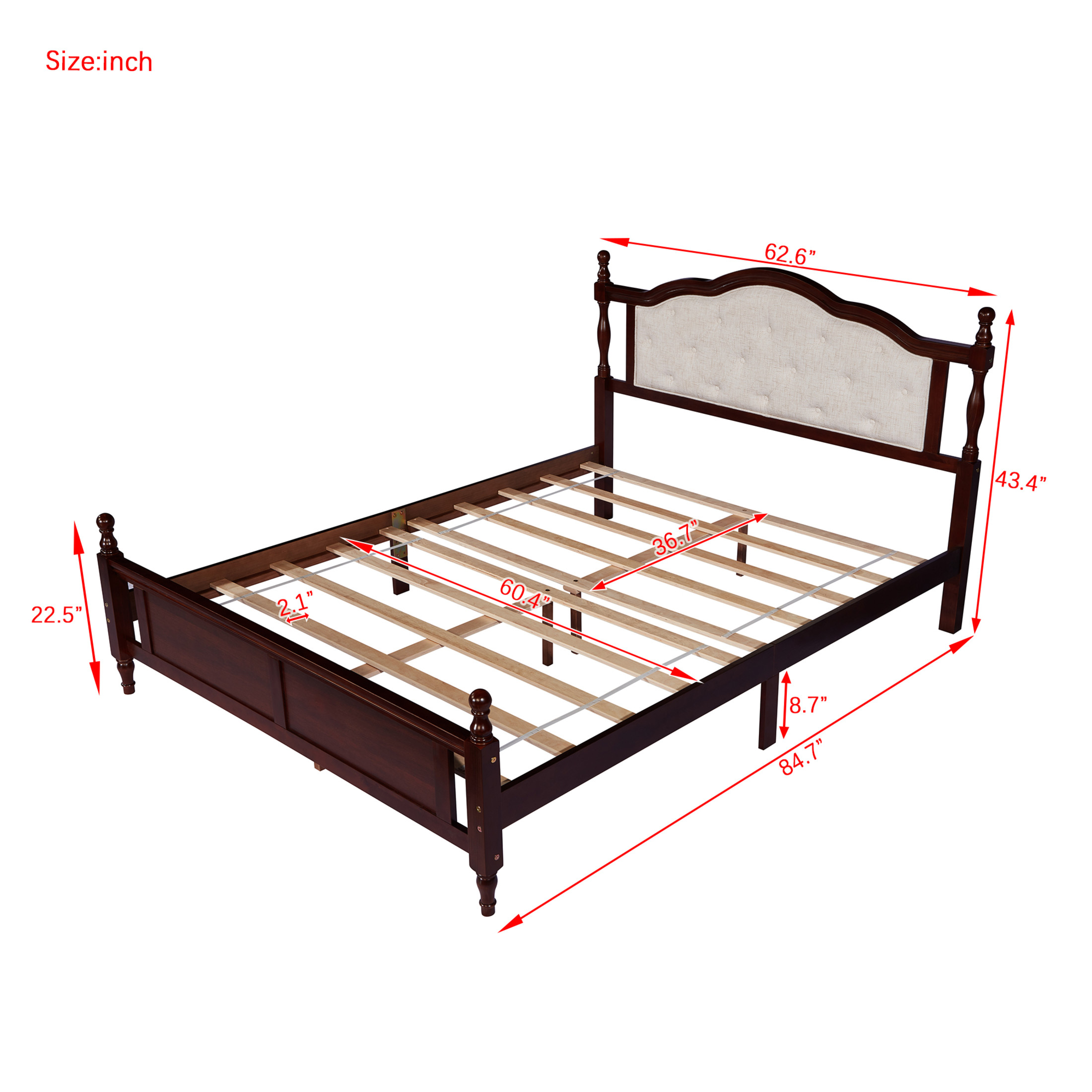 Noble House Japal Queen Bed with Upholstered Headboard, Pine Wood Frame with Central Support, Classic Cherry