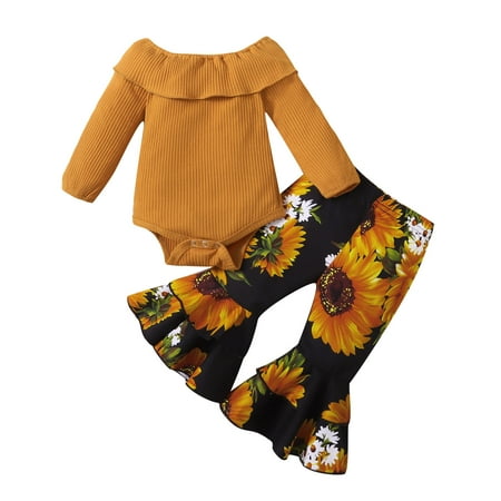 

Baby Girl Clothes 3-6 Months Girl Clothes 4t Girls Long Sleeve Ribbed Romper Bodysuit Sunflower Printed Bell Bottoms Pants Outfits Junior Girls Jogging Suits