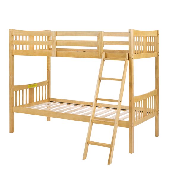 EDX Twin Over Twin Solid Wood Bunk Bed Frame with Integrated Ladder & Guard Rails , Easy Assembly, for Dorm & Bedroom, Wood color