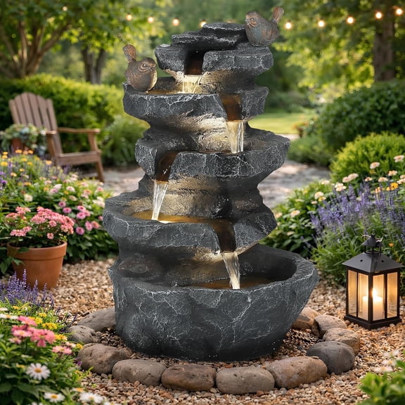 HOMEDIARY Outdoor Water Fountain, 22.3" H 5-Tier Cascading Waterfall Fountain with LED Lights & Adjustable Pump, Decorative Birds Water Feature with Natural Rock Finish for Patio, Backyard & Deck