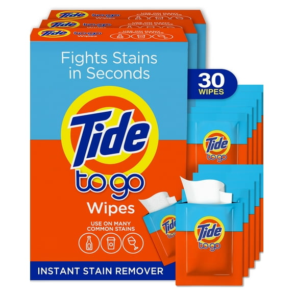 Tide Stain Remover for Clothes, Tide To Go Wipes, Instant Stain Remover for Clothes, Travel & Pocket Size, 30 Count