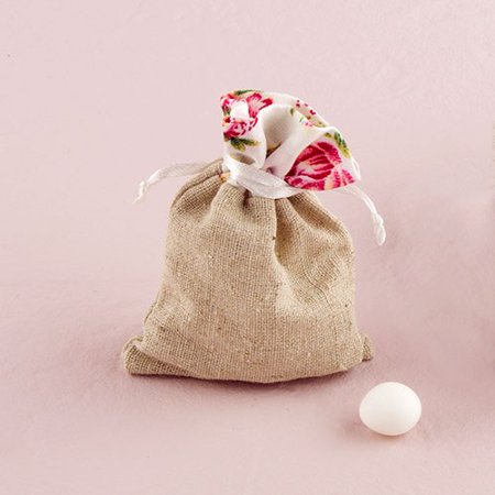 Cotton Linen Drawstring Favor Bag With Floral Trim