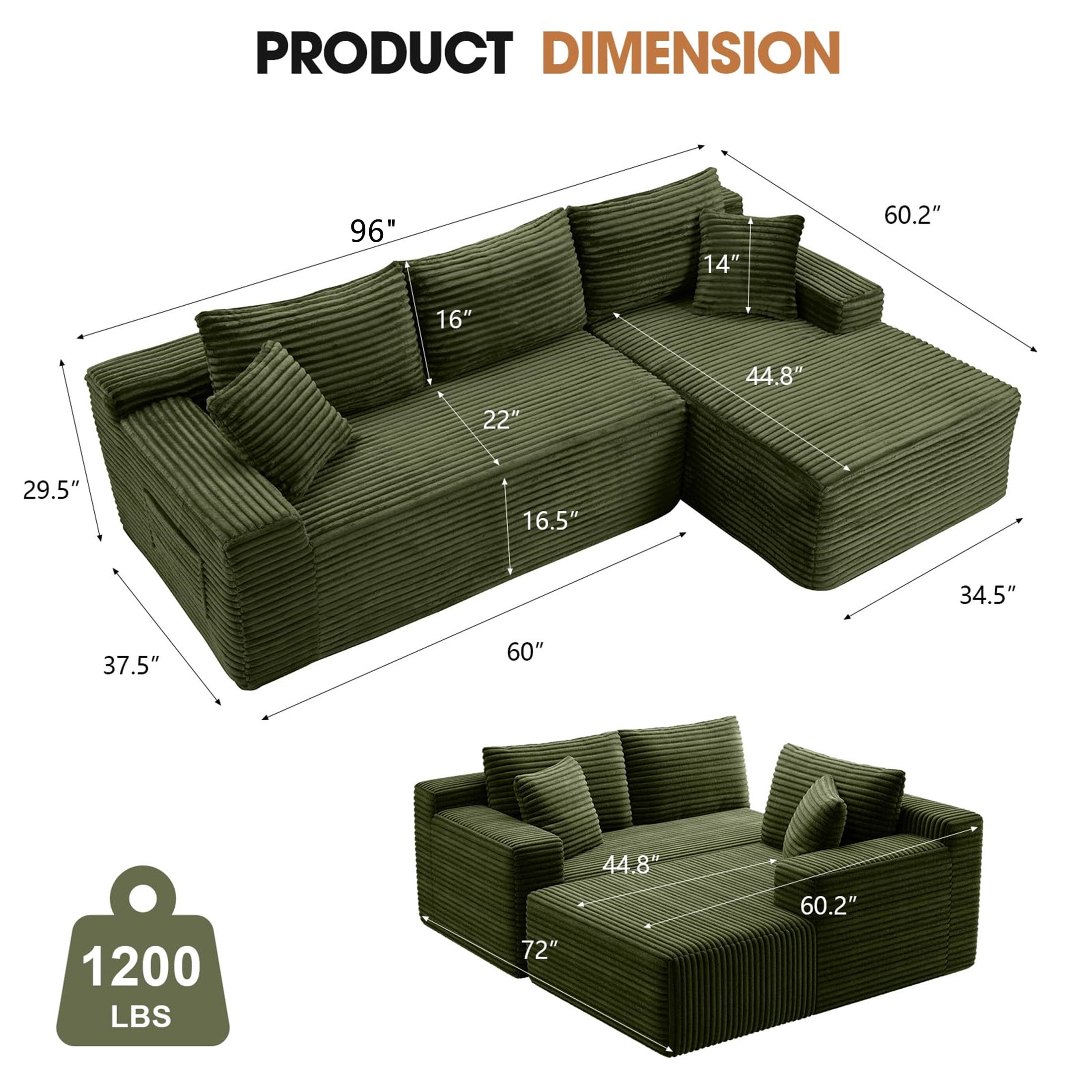 Aukfa 96" Cloud Sectional Sofa Deep Seat Boneless Couch Modular L-Shaped Couch, Right Chaise Corduroy Sofa for Living Room, Green
