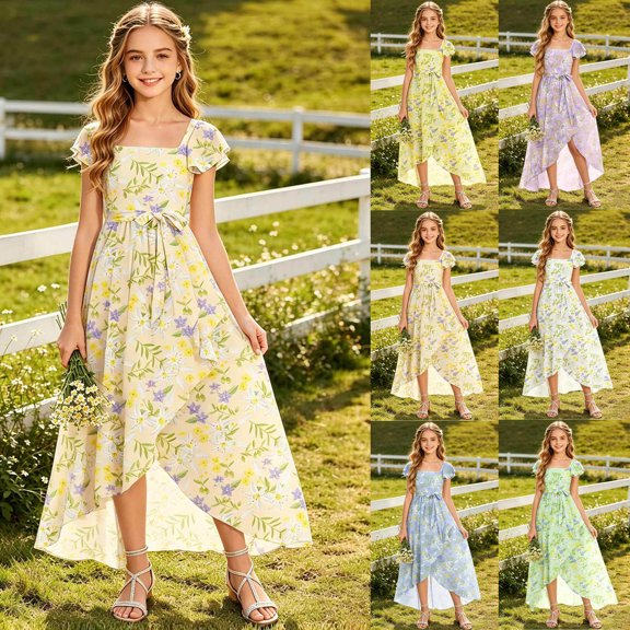 SGFCWSX Girls Floral Dress Square Neck Flutter Sleeve High Low Belted Bow Summer Maxi Dresses for Kids Beige Size 9