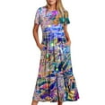 thumbnail image 6 of Penkiiy Women's Summer Casual Short Sleeve Crewneck Dress Casual Flowy Tiered Maxi Beach Dress With Pockets Shiny Print Dress S Purple, 6 of 7