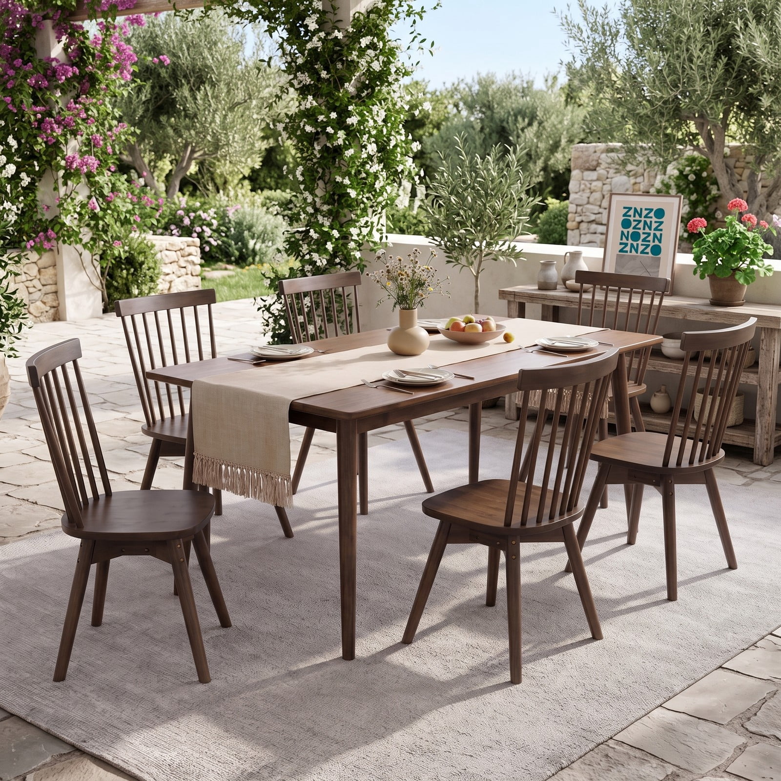 Furnibear Windsor Dining Chairs Set of 2 Mid Century Modern Rubber Wood Kitchen Chairs with 360 Degree Swivel Seat and Spindle Back, Armless Solid Wood Side, Walnut