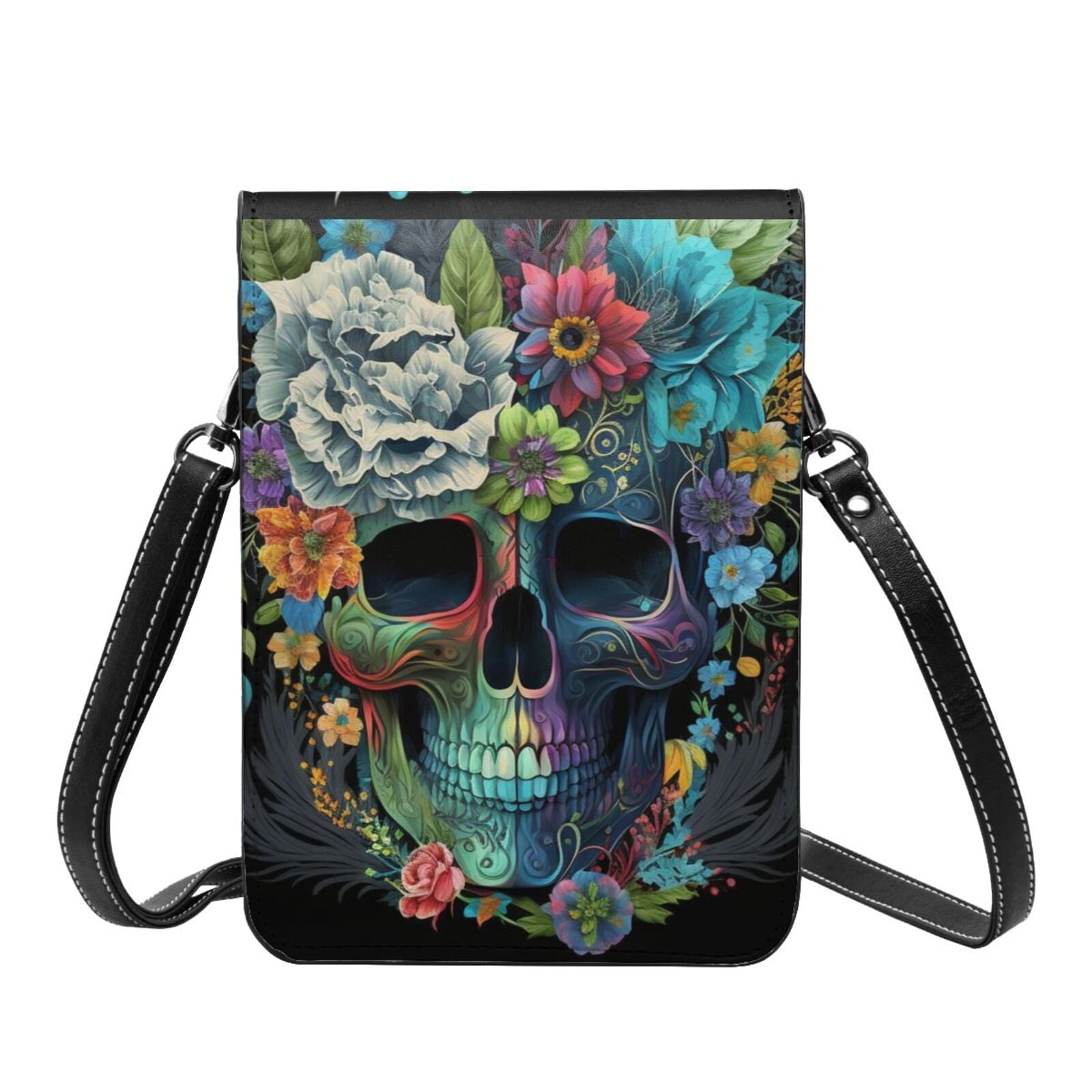 Floral Sugar Skull Flowers Cell Phone Purse Small Crossbody Bag with Strap Credit Card Slots Leather Shoulder Wallet for Women