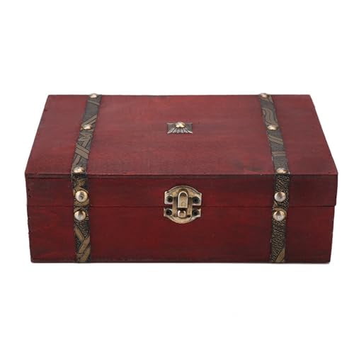 Treasure Box,Vintage Wooden Jewelry Storage Box with Metal Lock,Retro Antique Handmade Gift Case for Storing Pearl Chest,8.5 x 5.7 x 2.6
