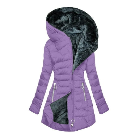 Penkiiy Women s Winter Coats Fuzzy Fluffy Faux Fur Lined Plus Size Anoraks Thicken Warm Hooded Jackets with Zipper Pockets M Purple