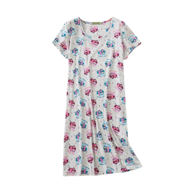 Gibobby Pijamas para mujer Camisón de algodón para mujer, ropa de dormir, camisa de manga corta, vestido de dormir con estampado informal(Gris,CH)