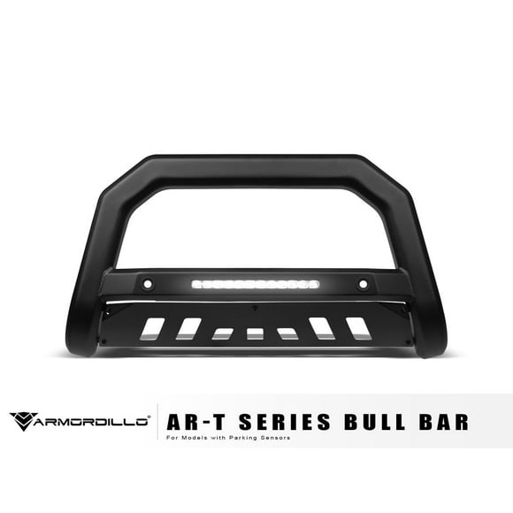 Armordillo Bull Bar Série 8705513 AR-T; Enduit de Poudre; Noir Mat; Acier; avec Barre Lumineuse à LED; avec Plaque de Glissement; 12 Pouces Max Light; avec Faisceau de Câblage et Interrupteur