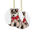 thumbnail image 2 of DistinctInk Hanging Ceramic Christmas Tree Ornament with Gold String - Great Gift/Present - 2 3/4 inch Diameter - Siberian Huskie Puppy Design, 2 of 3