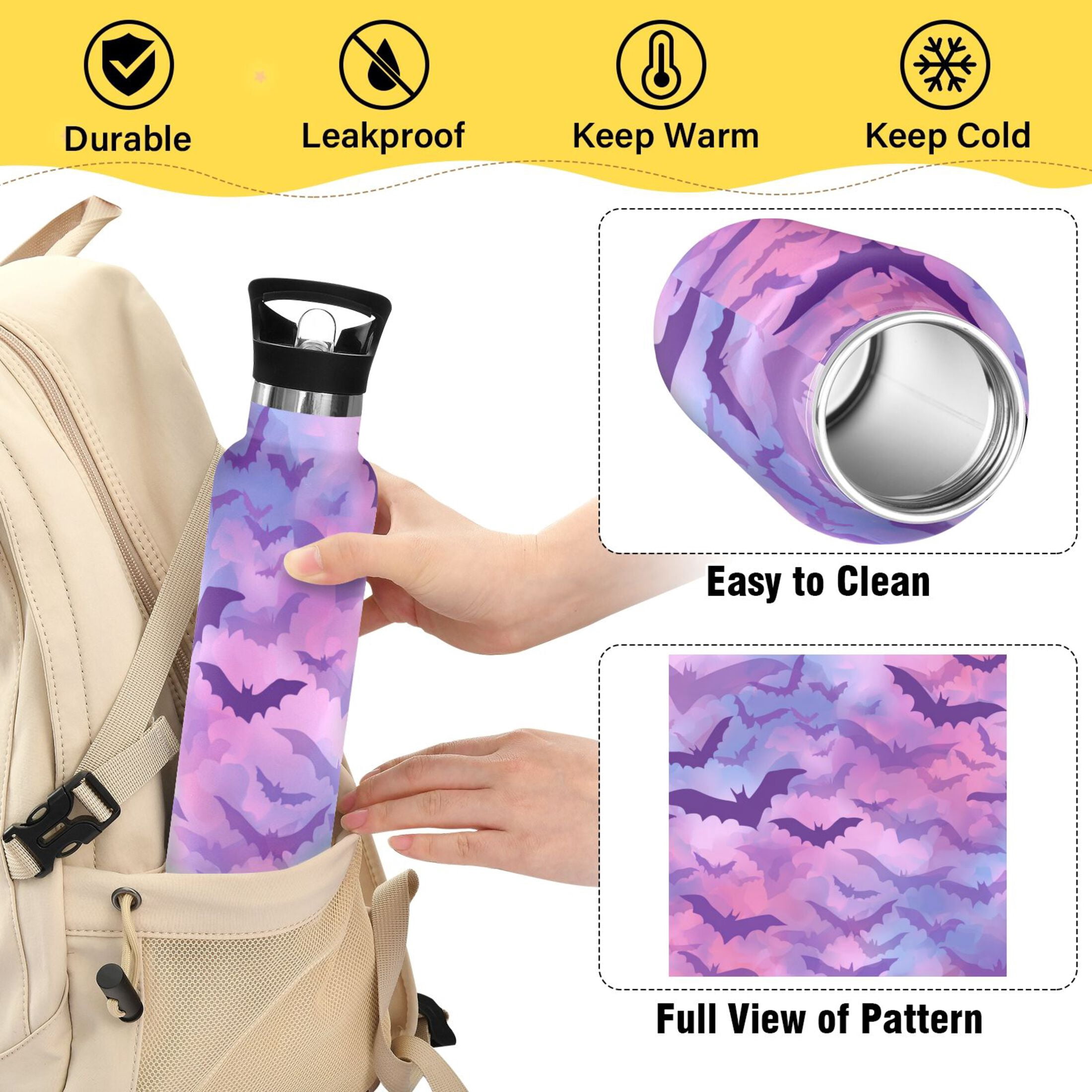 Kids Insulated Stainless Steel Sports Water Bottle 600ml (20oz) Purple and Pink Bats