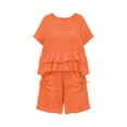 thumbnail image 4 of Womens Linen Two Piece Sets Ruffle Short Sleeve Blouse and Drawstring Pocket Shorts Casual Summer Outfits for Women Orange L(L), 4 of 6