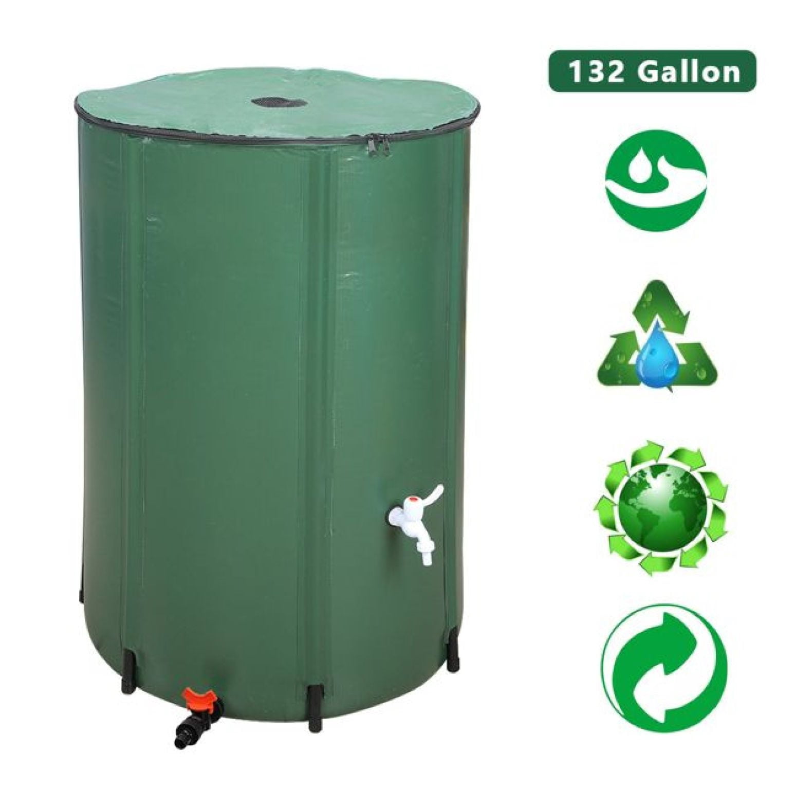 132 Gallon Rain Barrel Folding Water Collector - Green - Portable Rainwater Tank for Garden, Lawn, Plants - with Mesh Cover & Spigot