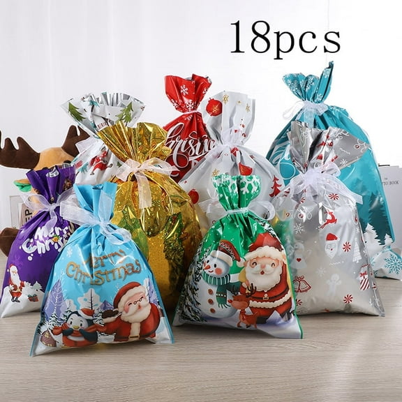 18 Christmas drawstring bags - available in various sizes from small to extra large, with unique designs, perfect for holiday gifts and party decorations.