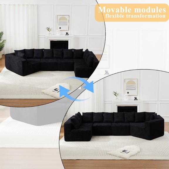 151.6" L-Shaped Deep-Seat Modular Sofa Couch with 11 Pillows, Extra-Large Chenille Fabric Sectional Sofa Couches, Curved Recliner Floor-Standing Sofa for Living Room, Apartment, Black