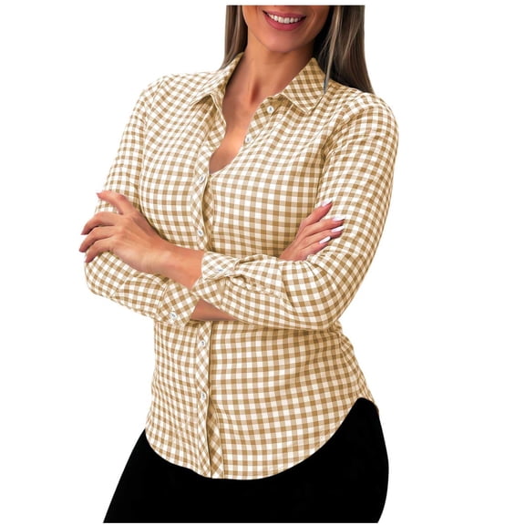 Luvrsol Button Up Shirt Women Collared Fitted Blouse Plaid Long Sleeved Top for Casual Layering and Travel S-2XL