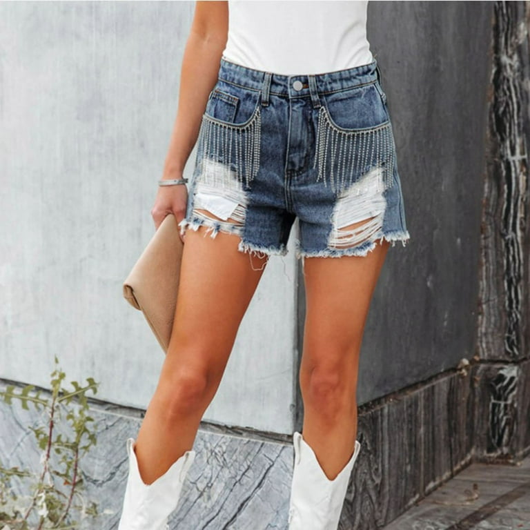 Womens Rhinestone Fringe Denim Shorts Mid Rise Ripped Hem Stretchy Jean  Shorts Frayed Distressed Hot Shorts plus Size Women Denim Womens