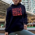 thumbnail image 2 of Kinda Housewife, Kinda Thug Wife, Mother's Day Themed, Groovy Retro Wavy Text Merch Gift, Navy Blue Hooded Sweatshirt or Hoodie, Medium, 2 of 5