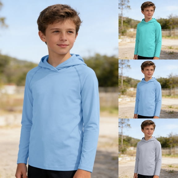 LRen Boys Rash Guard Hoodie UPF 50 Long Sleeve Swim Shirt Kids Sun Protection Fishing Shirt Toddler to Youth Summer Beach Outdoor Tops