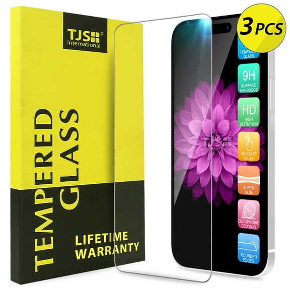 3-Pack TJS for Apple iPhone 14/iPhone 14 Pro [Screen Coverage][Tempered Glass] Case Friendly Screen Protector Anti-Fingerprint, Bubble Free, Anti-Scratch, Shatterproof (Clear)