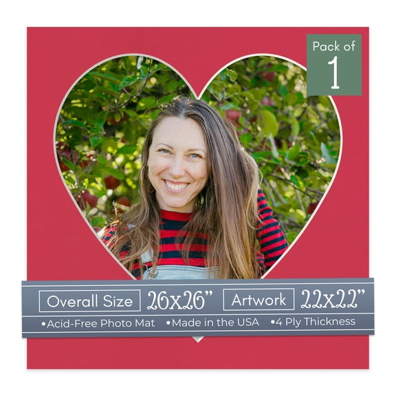 Deep Red Picture Frame Mat for 26x26 Frames - Heart Opening for 22x22 Photos - 1 Mat