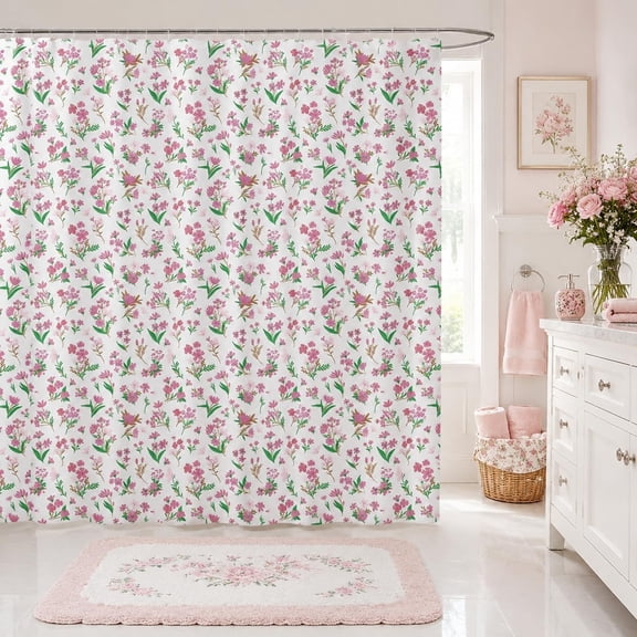 Pink Floral Shower Curtain For Bathroom Fabric Botanical Wildflower Pattern Waterproof Bath Curtains With Hooks 71x71 inches