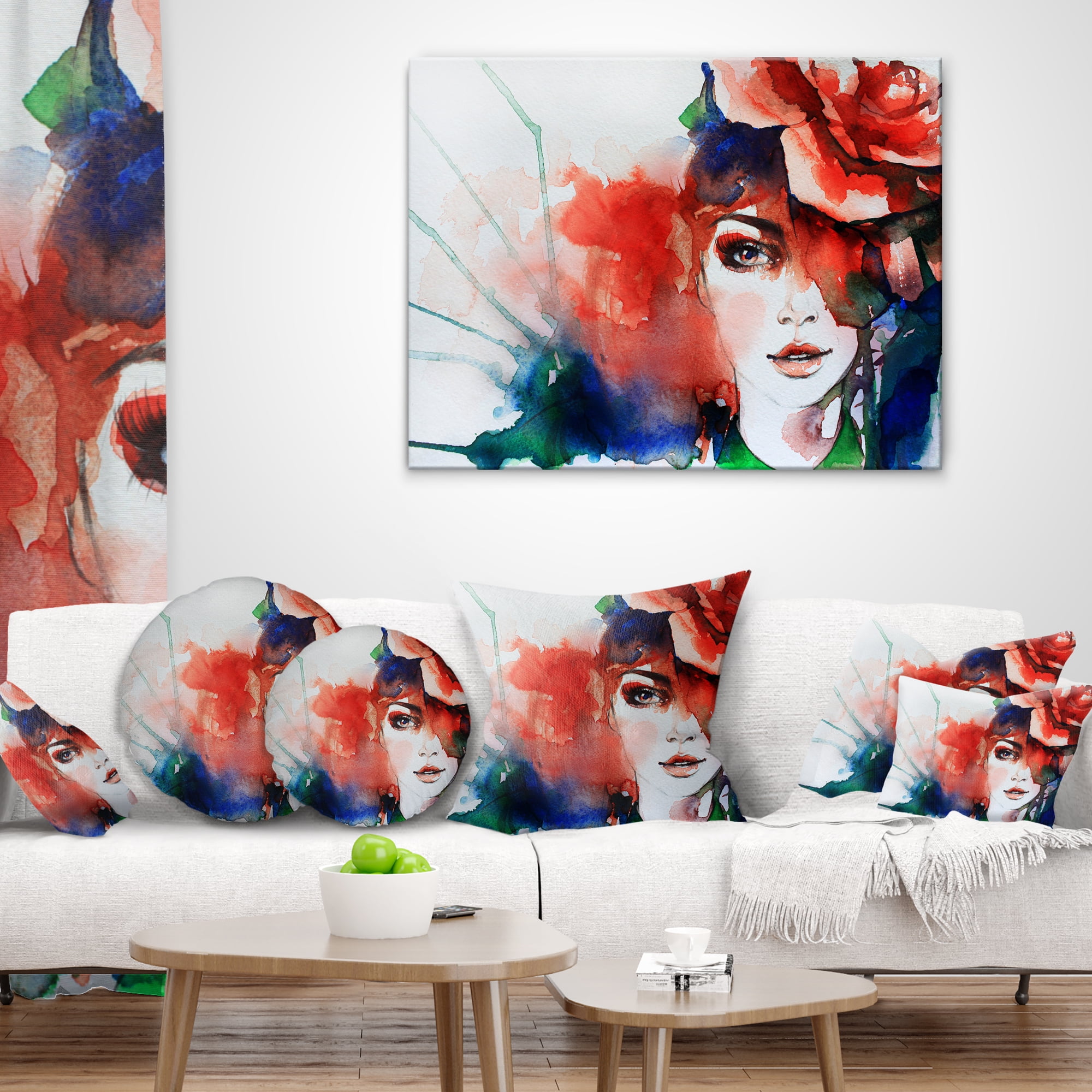 Designart Woman with Rose Illustration - Abstract Throw Pillow - 16x16