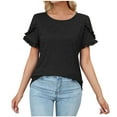 thumbnail image 2 of Sakmal Short Sleeve Ladies Tops Clearance Black Puff Sleeves Solid Crew Neck T-Shirts Womens Shirts Under $5, 2 of 4