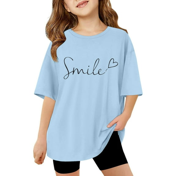 Toddler Girls T Shirts Summer Short Sleeve Letter Print Tunic Tops Breathable Comfortable & Soft T-Shirt Top Tees,Light Blue,11-12 Years
